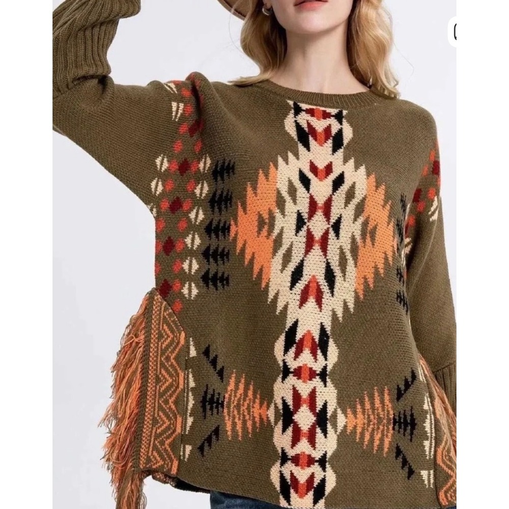 Cotton & Rye Outfitters Womens‎ Southwestern Fringe Sweater Olive Green Small